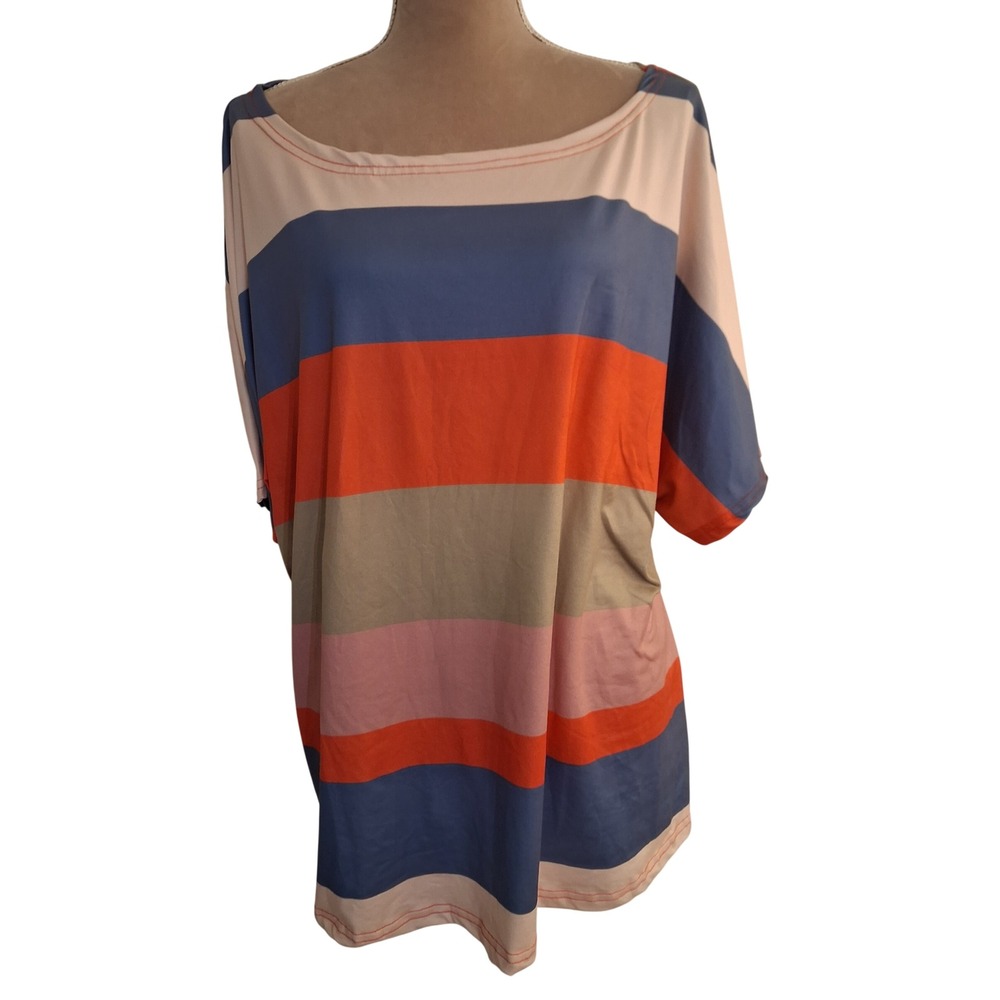 ChicMe Womens 2XL Striped Boat Neck Oversized Tunic Top Blue Orange 3302